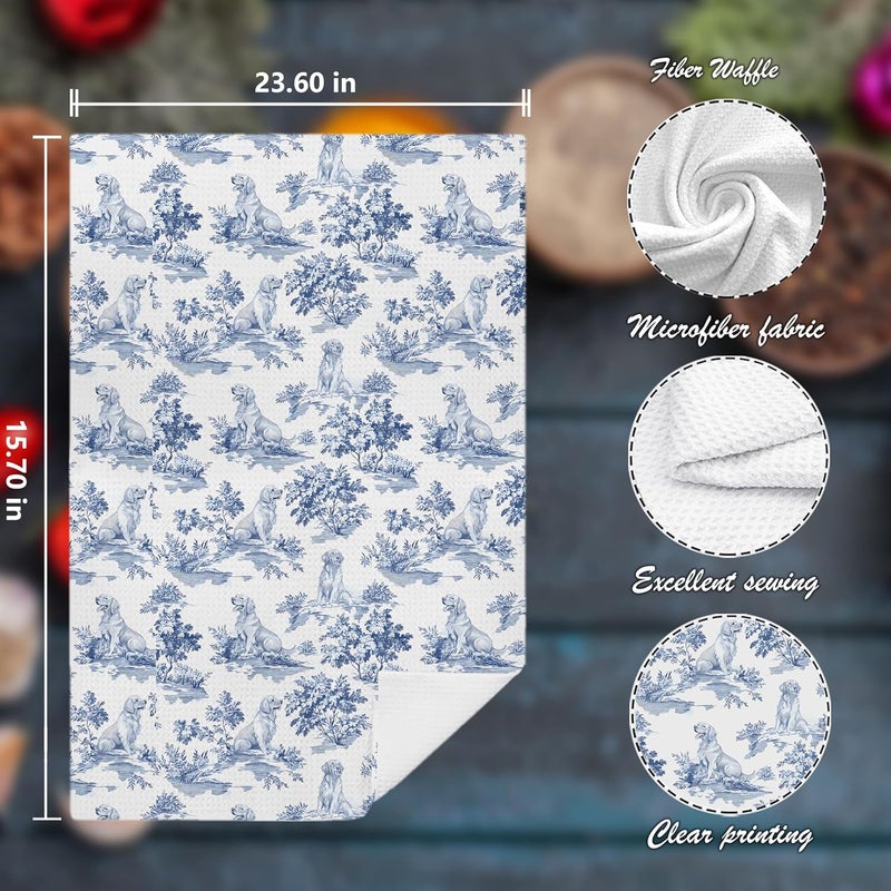 Nipil Chinoiserie Floral Golden Retriever Kitchen Towels Set of 2,Blue and White Golden Retriever Decorative Dish Tea Towels,Grandmillennial Botanical Dog Hand Towels for Kitchen Bathroom,16x24 Inch - Image 2